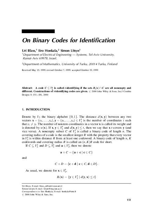 (PDF) On binary codes for identification