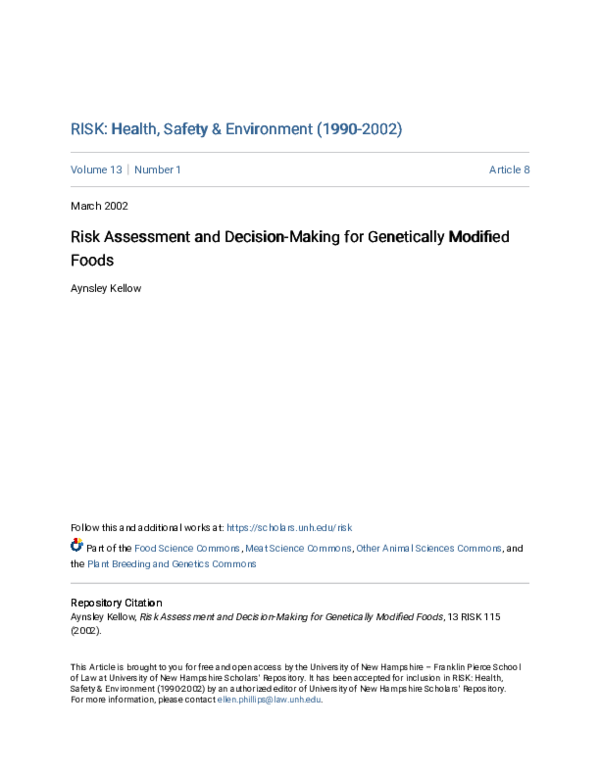 (PDF) Risk Assessment and Decision-Making for Genetically Modified Foods