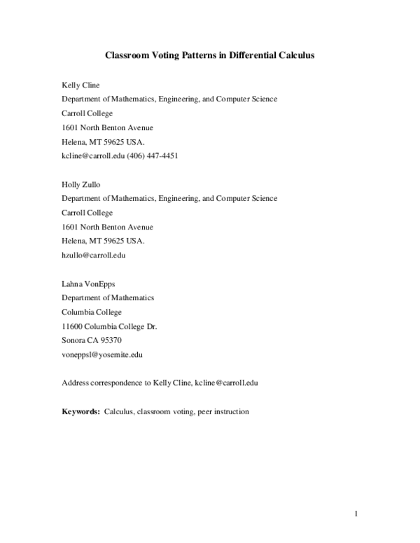 (PDF) Classroom Voting Patterns in Differential Calculus