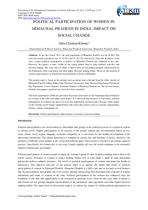 (PDF) Political Participation of Women in Himachal Pradesh in India ...