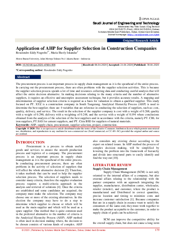 (PDF) Application of AHP for Supplier Selection in Construction Companies