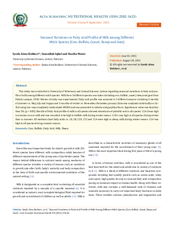 (PDF) Seasonal Variations in Fatty Acid Profile of Milk Among Different ...