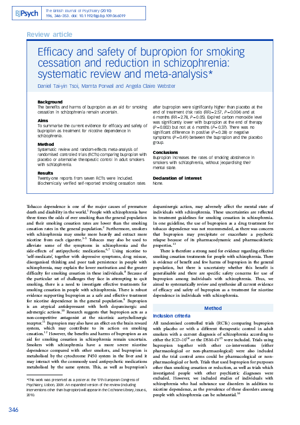(PDF) Efficacy and safety of bupropion for smoking cessation and