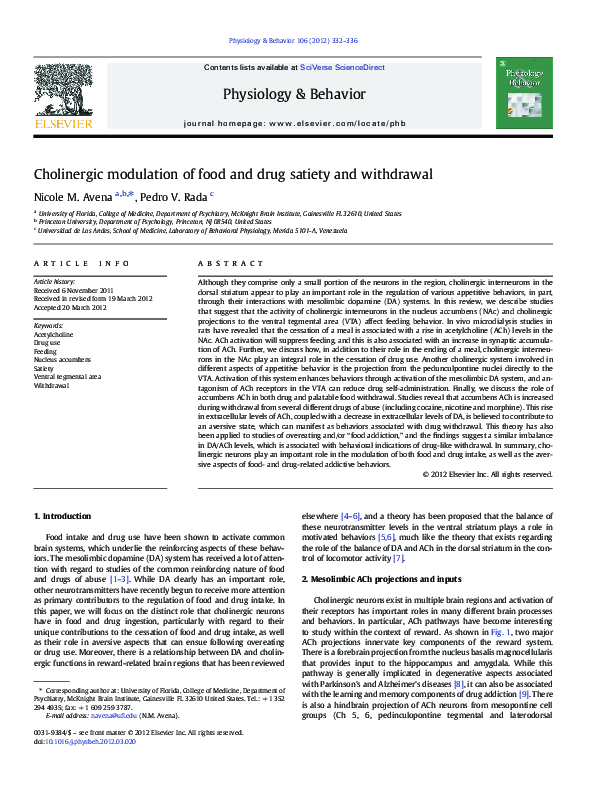(PDF) Cholinergic modulation of food and drug satiety and withdrawal