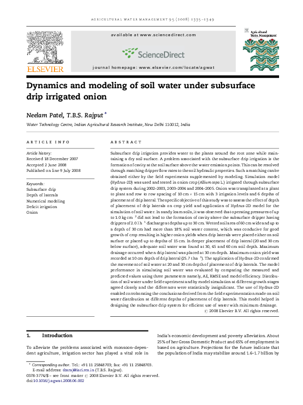 (PDF) Dynamics and modeling of soil water under subsurface drip ...