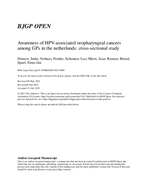 (PDF) Awareness of HPV-associated oropharyngeal cancers among GPs in ...