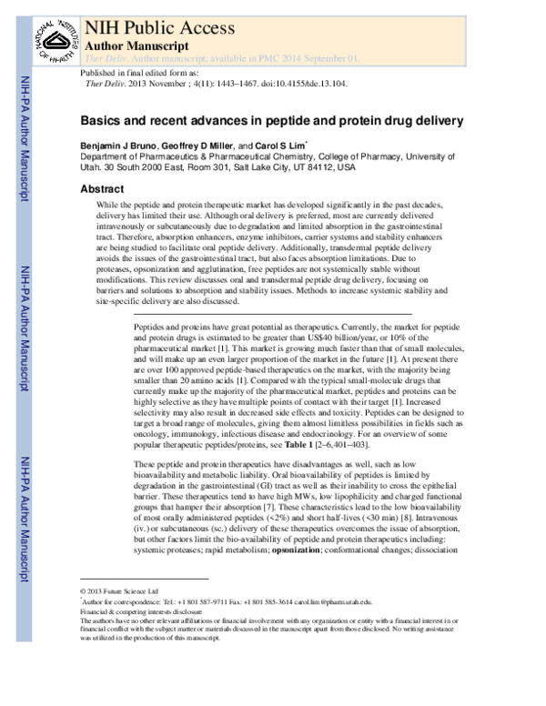 (PDF) Basics and recent advances in peptide and protein drug delivery