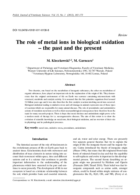 (PDF) The role of metal ions in biological oxidation - the past and the ...
