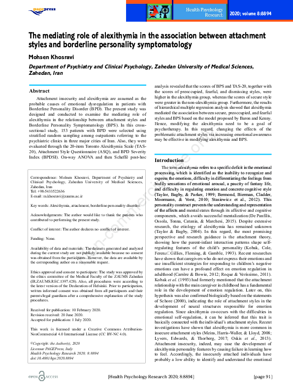 (PDF) The mediating role of alexithymia in the association between ...