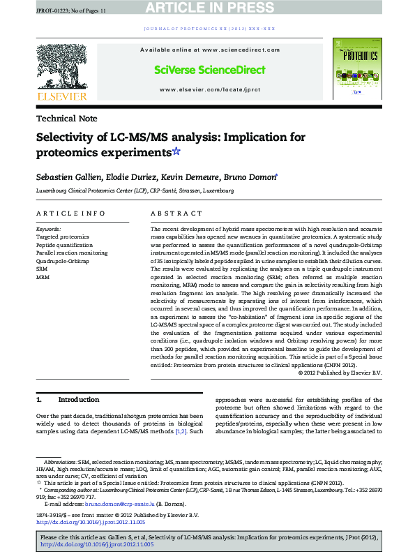 (PDF) Selectivity of LC-MS/MS analysis: Implication for proteomics ...