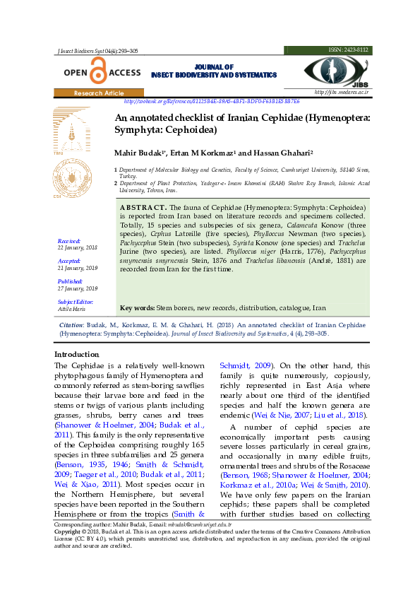 (PDF) An annotated checklist of Iranian Cephidae (Hymenoptera: Symphyta ...