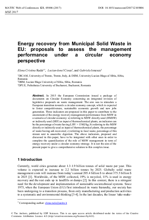 (PDF) Energy recovery from Municipal Solid Waste in EU: proposals to ...