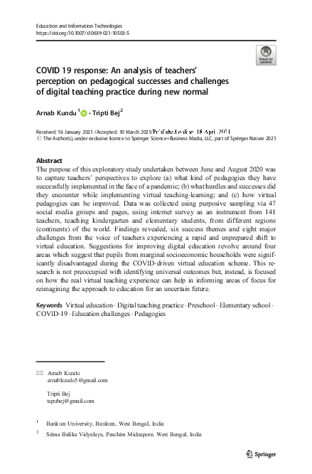 (PDF) COVID 19 response: An analysis of teachers' perception on ...