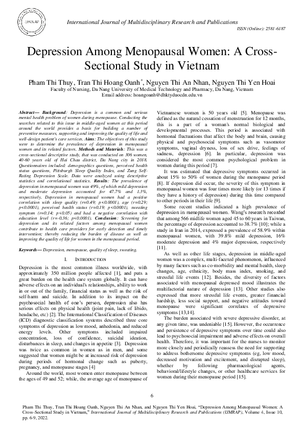 (PDF) Depression Among Menopausal Women A CrossSectional Study in