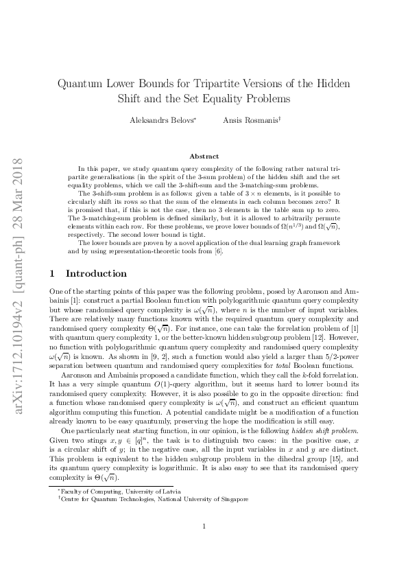 (PDF) Quantum Lower Bounds for Tripartite Versions of the Hidden Shift ...