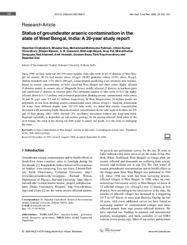 (PDF) Status of groundwater arsenic contamination in the state of West ...