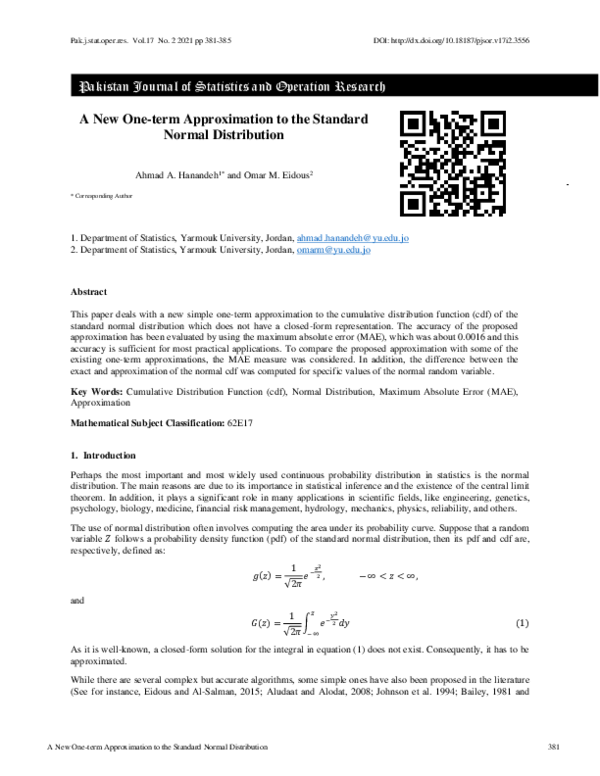 (PDF) A New One-term Approximation to the Standard Normal Distribution