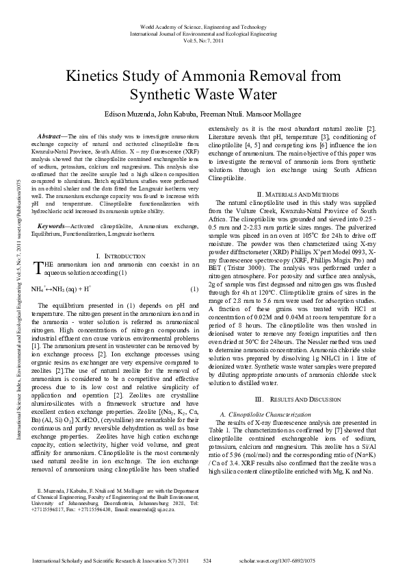 (PDF) Kinetics Study Of Ammonia Removal From Synthetic Waste Water