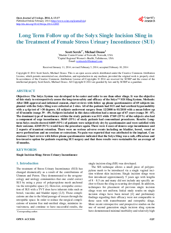(PDF) Long Term Follow up of the Solyx Single Incision Sling in the ...
