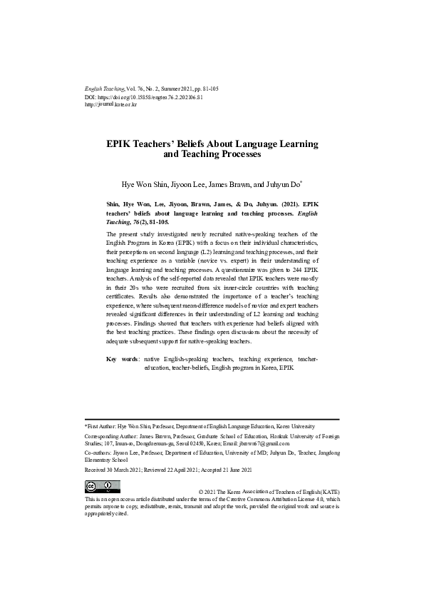 (PDF) EPIK Teachers’ Beliefs About Language Learning and Teaching Processes