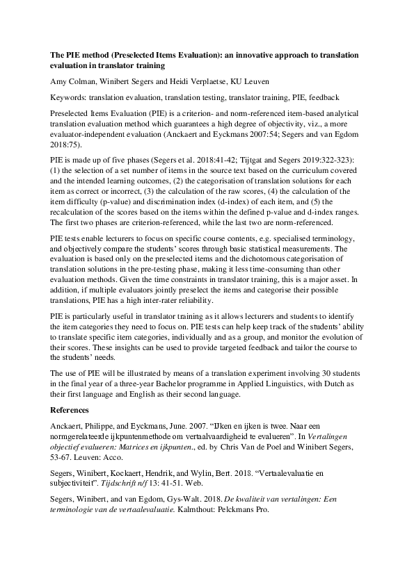 (PDF) The PIE method (Preselected Items Evaluation) an innovative