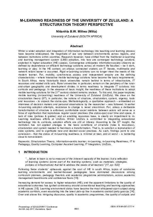 (PDF) M-Learning Readiness of the University of Zululand: A