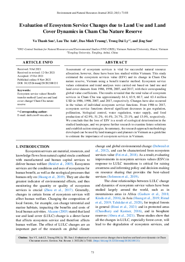 (PDF) Evaluation of Ecosystem Service Changes due to Land Use and Land ...