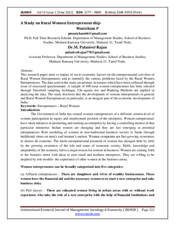 (PDF) A Study on Rural Women Entrepreneurship Manickam P