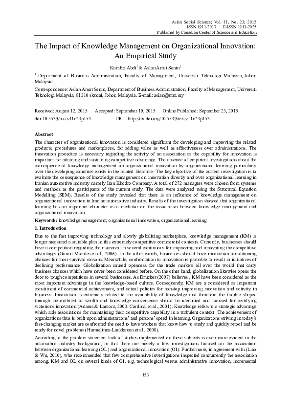 (PDF) The Impact of Knowledge Management on Organizational Innovation ...