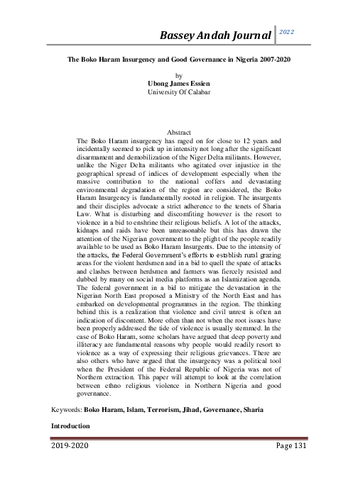 (PDF) The Boko Haram Insurgency and Good Governance in Nigeria 2007-2020