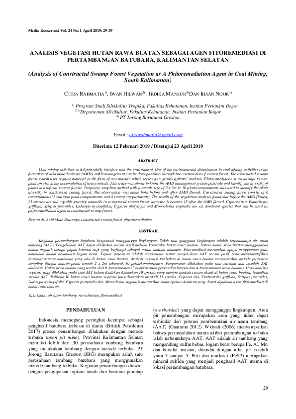 Analysis of Constructed Swamp Forest Vegetation as A Phitoremediation Agent in Coal Mining, South Kalimantan