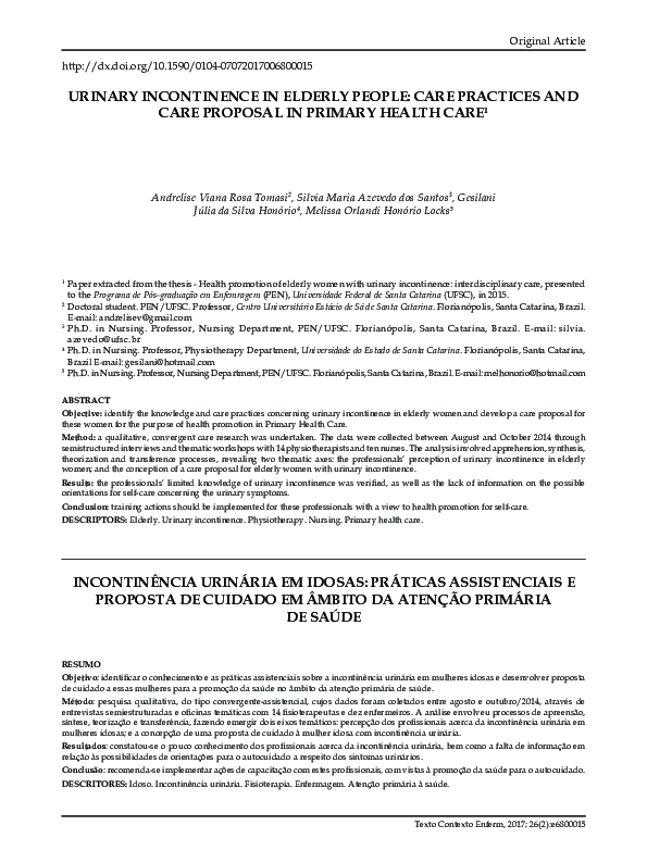 (PDF) Urinary Incontinence in Elderly People: Care Practices and Care ...