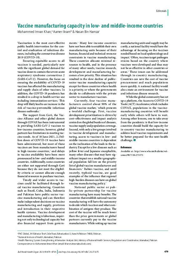 (PDF) Vaccine manufacturing capacity in low- and middle-income countries