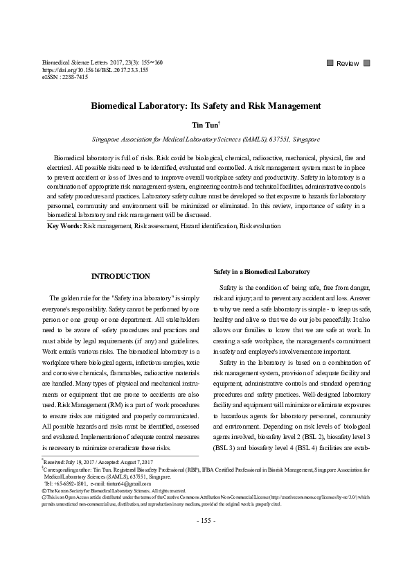 (PDF) Biomedical Laboratory: Its Safety and Risk Management