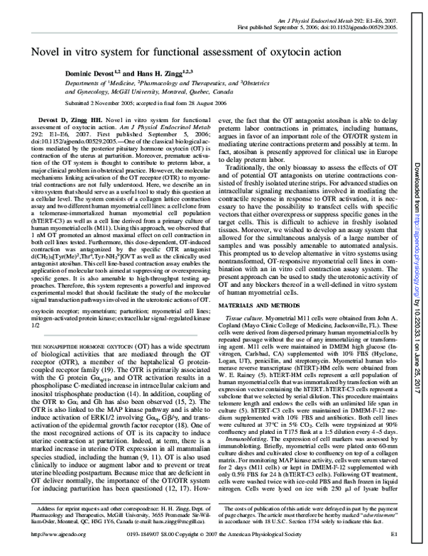 (PDF) Novel in vitro system for functional assessment of oxytocin action