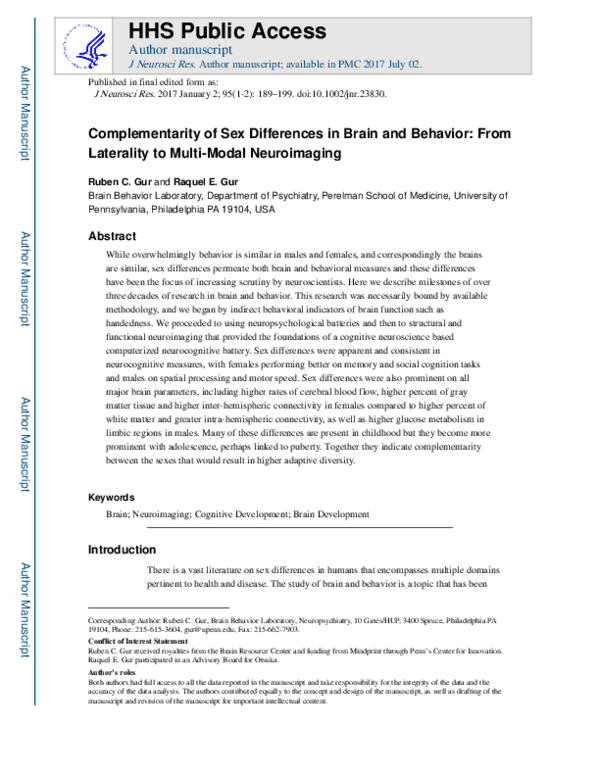 (PDF) Complementarity of sex differences in brain and behavior: From ...
