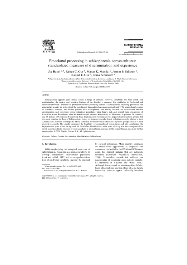 (PDF) Emotional processing in schizophrenia across cultures ...