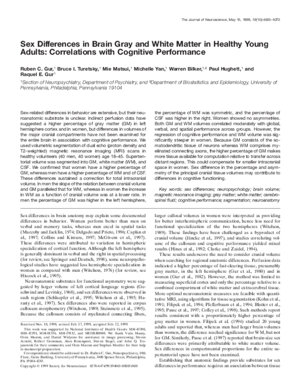 (PDF) Sex Differences in Brain Gray and White Matter in Healthy Young ...