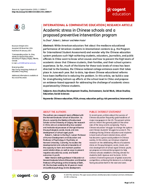 (PDF) Academic stress in Chinese schools and a proposed preventive ...