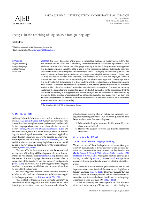 (PDF) Using L1 in the teaching of English as a foreign language