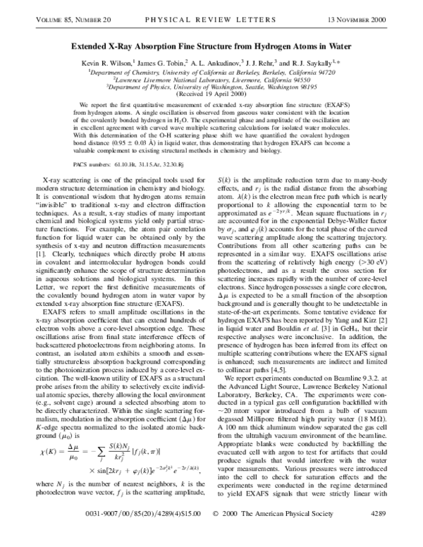 (PDF) Extended X-Ray Absorption Fine Structure from Hydrogen Atoms in Water