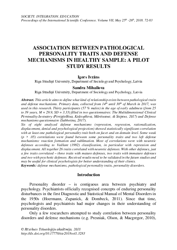 (PDF) Association Between Pathological Personality Traits and Defense ...