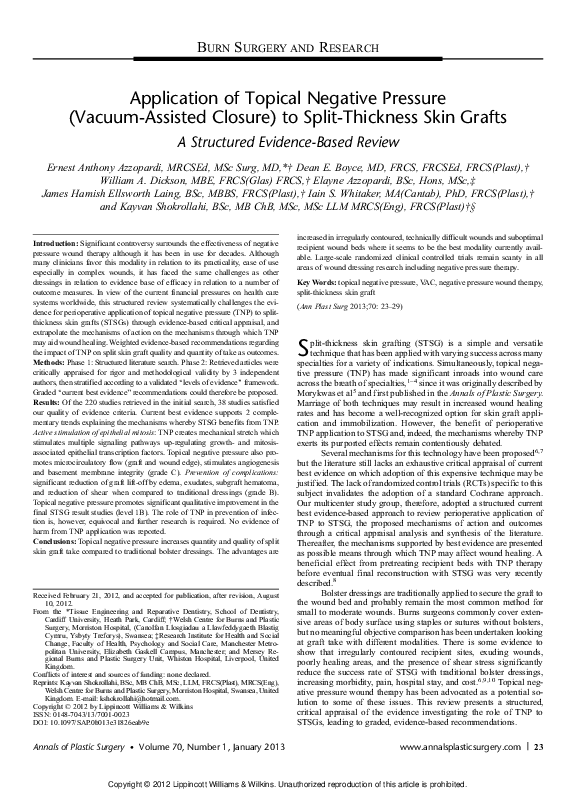 (PDF) Application of Topical Negative Pressure (VacuumAssisted Closure) to SplitThickness Skin