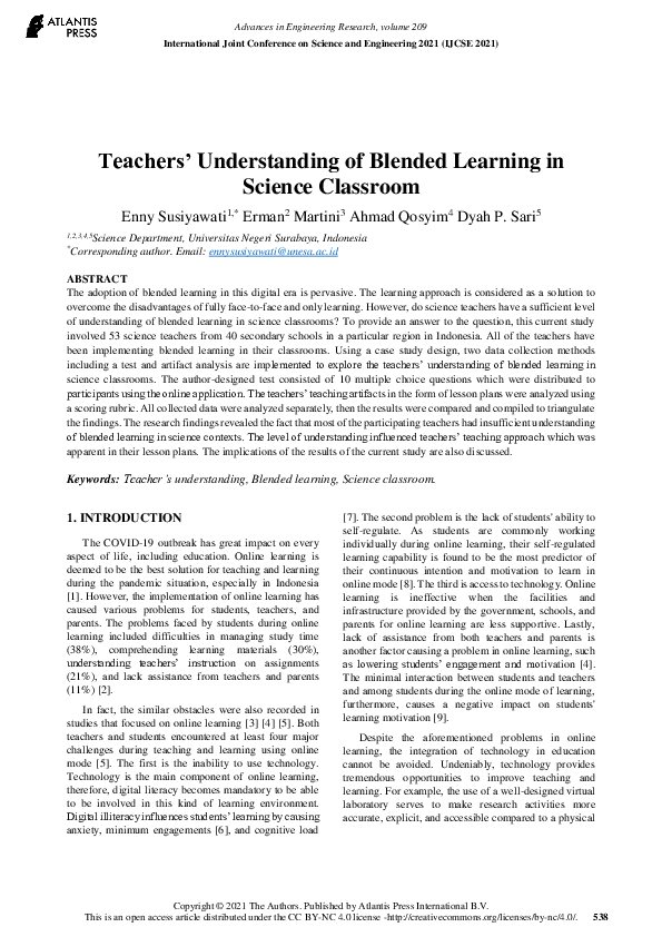 (PDF) Teachers’ Understanding of Blended Learning in Science Classroom