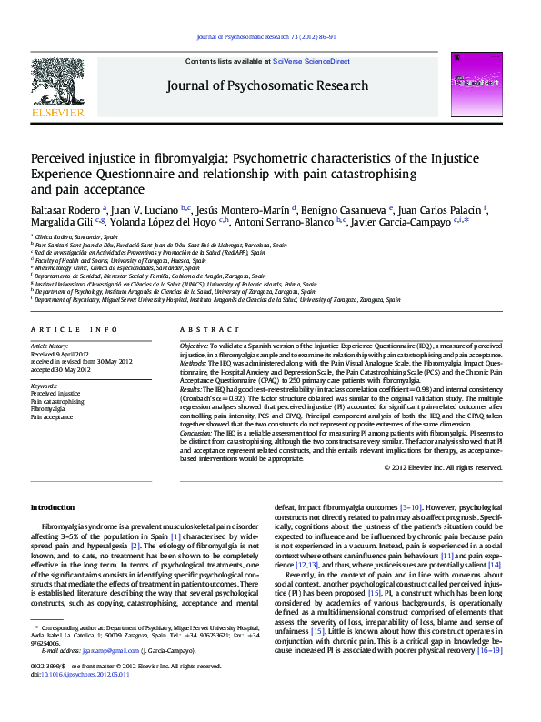 (PDF) Perceived injustice in fibromyalgia: Psychometric characteristics ...