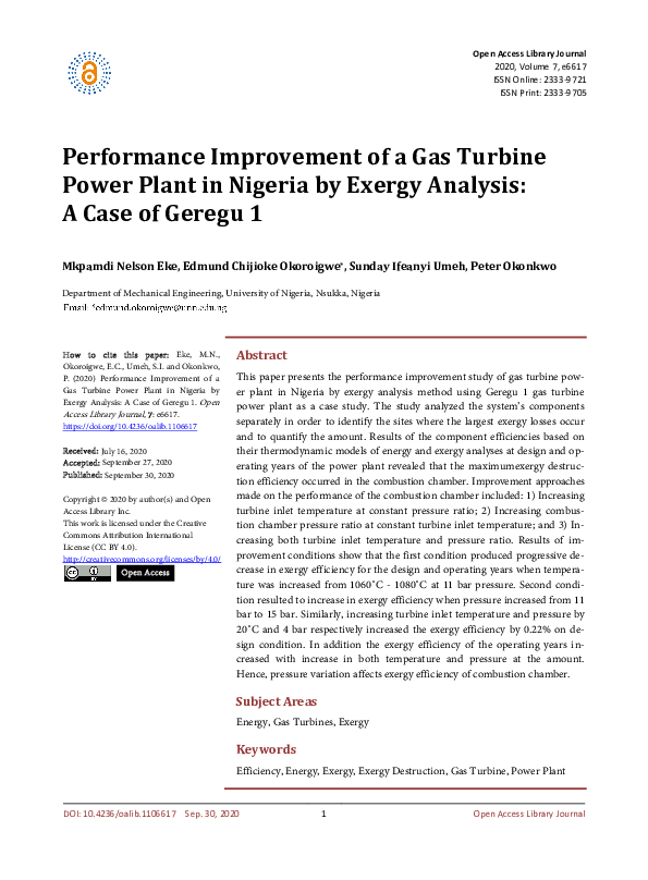 (PDF) Performance Improvement of a Gas Turbine Power Plant in Nigeria ...