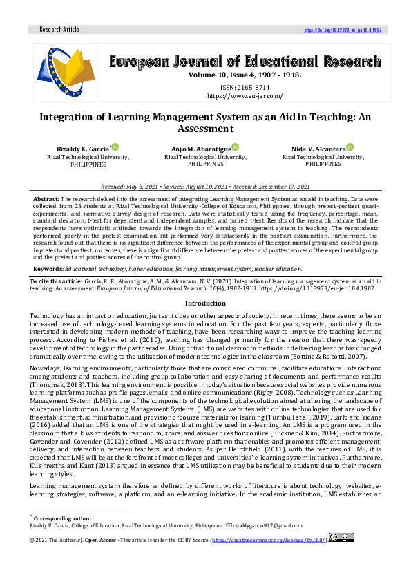 (PDF) Integration of Learning Management System as an Aid in Teaching ...