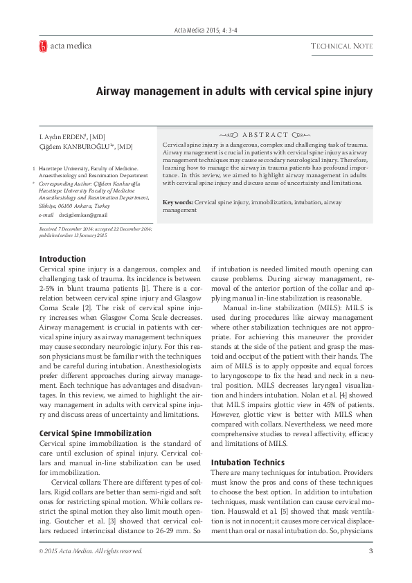 (PDF) Airway management in adults with cervical spine injury Çiğdem