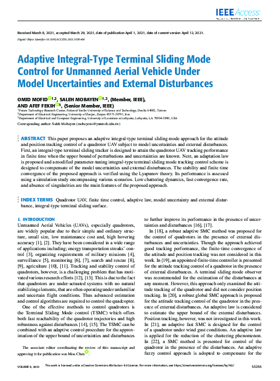(PDF) Adaptive Integral-Type Terminal Sliding Mode Control for Unmanned ...