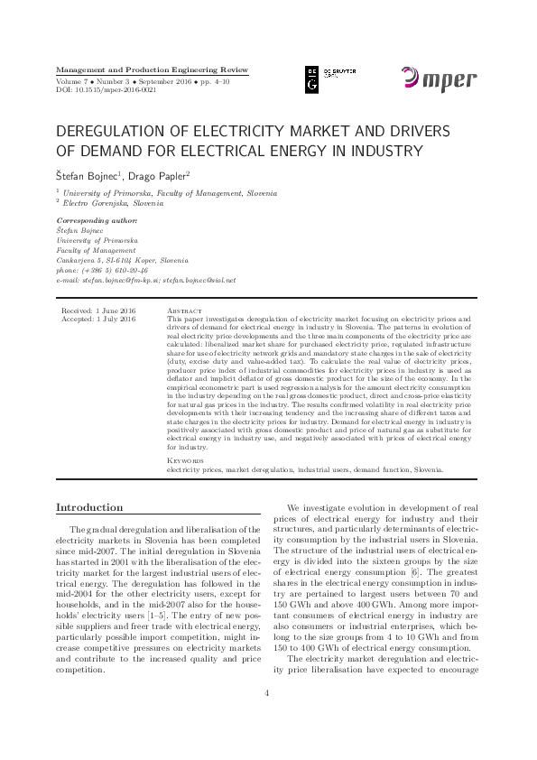 (PDF) Deregulation of Electricity Market and Drivers of Demand for ...